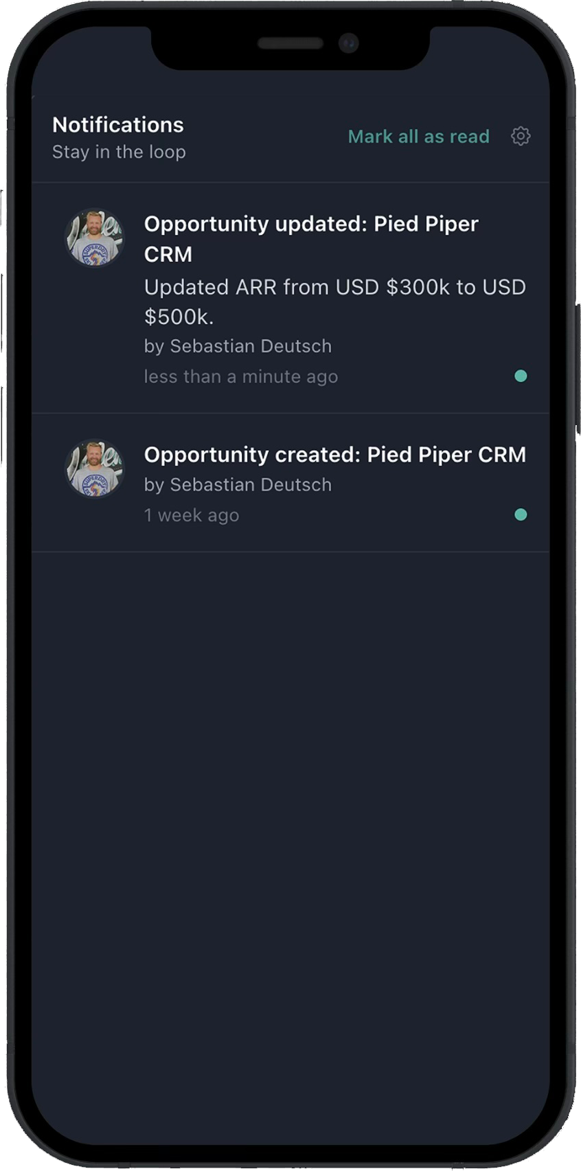 Vendis mobile notifications for sales team results